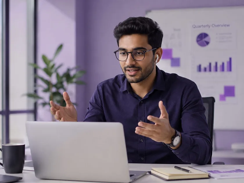 A working professional reviewing charts and data on a laptop in an office